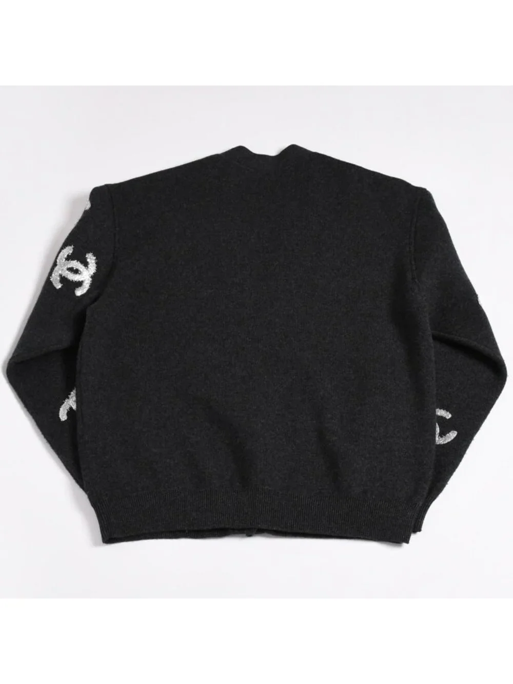 Chanel Cashmere Knit Cardigan CC Logo Glitter Charcoal 38